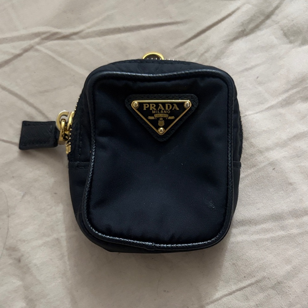 Prada Black Nylon Mini key chain with Gold Triangle Logo